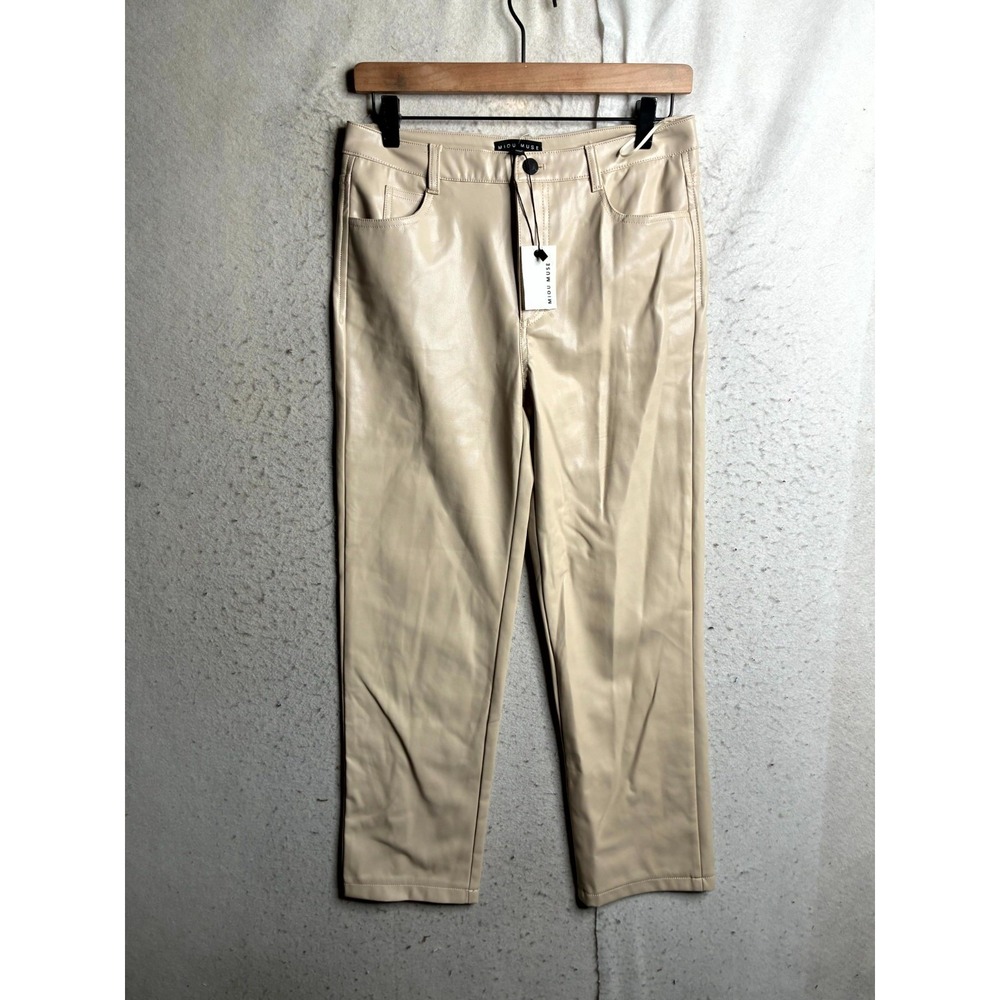 Miou Muse Faux Leather Pants Women Medium Beige Mid Rise Straight Leg Minimalist